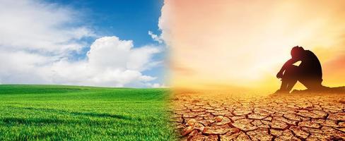 concept van milieubehoud en wereldwijde klimaatverandering. foto droge gebieden vergelijken met groene gebieden.