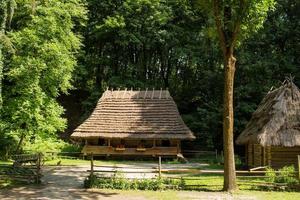 oud houten huis in het zomerbos, Oekraïense vintage architectuur foto