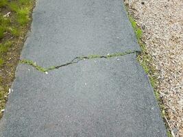 zwart asfaltpad of pad met scheuren en gras foto