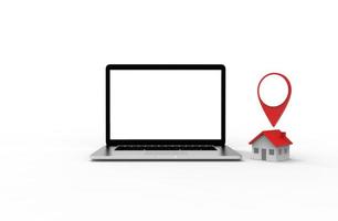 locatiepictogram en huis op moderne laptop geïsoleerd op een witte achtergrond. 3D illustratie. foto