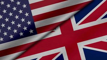3D-weergave van twee vlaggen van de Verenigde Staten van Amerika en het Verenigd Koninkrijk of Groot-Brittannië samen met stof textuur, bilaterale betrekkingen, vrede en conflict tussen landen, geweldig voor achtergrond foto