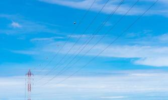 hoogspanningsleidingen tegen blauwe lucht. hoogspanning elektrische transmissie toren. elektriciteitsmast en elektrische transmissielijnen. hoogspanningstoren zorgen voor stroomvoorziening. kracht en energie. foto