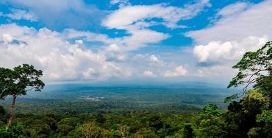 prachtig uitzicht op tropisch bos in khao yai nationaal park in thailand. werelderfgoed. groene dichte hoge bomen op de berg en blauwe lucht en stapelwolken. foto