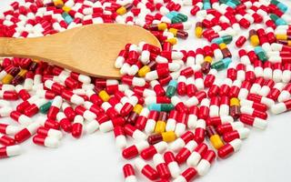 kleurrijk van antibiotica capsules pillen en houten lepel op witte achtergrond. geneesmiddelresistentie concept. antibiotica drugsgebruik met een redelijk en wereldwijd gezondheidsconcept. foto