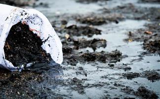 schoner die afval op het zeestrand verzamelt in een witte zak. zak vrijwilligers die afval op het strand schoonmaken. strand milieu vervuiling. olievlek op het strand. fabrieksafval in zee geloosd foto