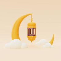 3D-ramadan-groeten met lantaarn en wassende maan, islamitische vakantie, raya hari, eid al adha, 3D-rendering. foto