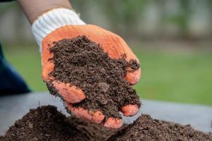 hand met veenmos organische stof verbeteren bodem voor landbouw biologische plantenteelt, ecologie concept. foto