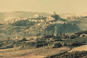 Toscane landschap met oud kasteel, wijngaard en groene heuvels, italië. vintage foto