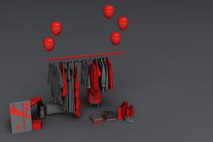 kleding op een hanger omringd door tas en marktsteun met creditcard op de vloer. 3D-rendering foto