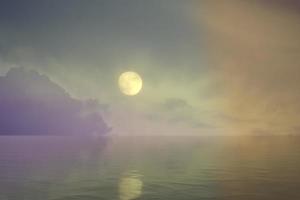 een fantasie sprookjeslandschap met de maan boven het wateroppervlak. foto