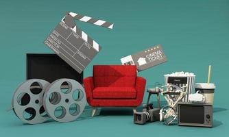 het concept om thuis films online te kijken tijdens de epidemie omringd door filmapparatuur, bioscoopkaartjes, filmspoelen, popcorn van filmcamera's en drankjes met rode leren stoelen 3D-rendering foto