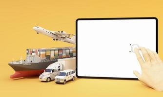 internationaal transport verzendconcept met tabletscherm vr omringd door kartonnen dozen, een vrachtcontainerschip, een vliegend vliegtuig, een busje en een vrachtwagen geïsoleerd op gele achtergrond 3D-rendering foto