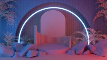 3D render donkerblauwe en rode verlichting met blauwe neon op podium voor premium productontwerp foto
