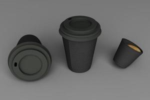 set van zwarte koffie kopjes en tas op pastel achtergrond. 3D-rendering foto