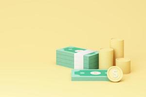 financieel, bedrijfsinvesteringswinstconcept en geldbesparing, rijkdom over geld en financiële planning met bundel van geld, bankbiljetten en gouden munten op gele achtergrond. realistische 3D-weergave foto