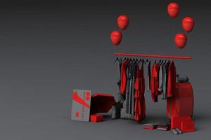 kleding op een hanger omringd door tas en marktsteun met creditcard op de vloer. 3D-rendering foto