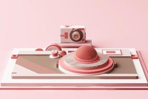 ontwerp met compositie de camera van geometrische memphis-stijlvormen in pasteltint. 3D-rendering illustratie foto