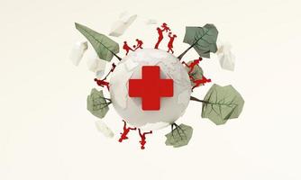8 mei, wereld rood kruis symbool met wereldbol op witte achtergrond, en rode papieren mensen, lage poly bomen over de hele wereld, wereld rode kruis en rode halve maan dag, verzekering. realistische 3D-weergave foto