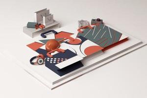 ontwerp met samenstelling van boodschappentas door geometrische memphis-stijlvormen in pasteltint. 3D-rendering illustratie foto