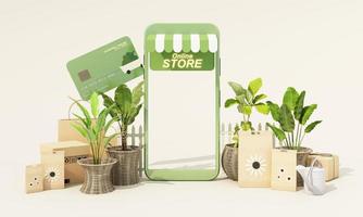 tuingereedschap en planten pot isoleren en winkelwagentje met creditcard met zaadpakket, kartonnen doos, boodschappentas. online tuinwinkel op witte achtergrond. realistische 3d render illustratie foto