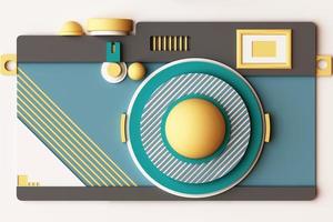 ontwerp met compositie de camera van geometrische memphis-stijlvormen in pasteltint. 3D-rendering illustratie foto