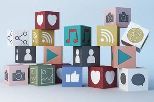 sociale media icoon hart emoji en icon box. 3D-rendering foto