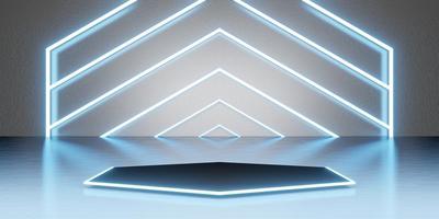 zeshoek laserlicht kamer achtergrond neonlicht technologie stijl vloer en muur 3d illustratie foto