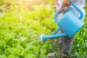 kleine meid die boom water geeft met gieter foto