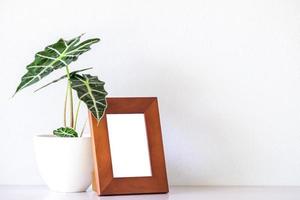 bruine moderne houten desktop fotolijst mock up en alocasia sanderiana stier of alocasia plant op witte tafel en witte muur achtergrond foto