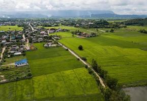 luchtfoto van het lokale dorp in het district pa daet in het zuidelijke deel van de provincie chiang rai in thailand met groen rijstveld. foto