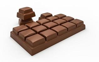 melkchocoladereep en chocoladestukjes geïsoleerd op een witte achtergrond van bovenaanzicht 3d illustratie foto