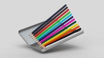 potlood in regenboogkleuren in open aluminium doos die in de lucht vliegt geïsoleerde 3d illustratie foto