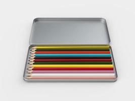 rij van potlood in regenboogkleuren in open aluminium doos geïsoleerde kleurrijke kleurpotloden voor het tekenen van concept terug naar school 3d illustratie foto