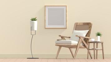 modern vintage interieur van woonkamer, lege poster op een beige muur, fauteuil met wit kussen - 3d rendering foto