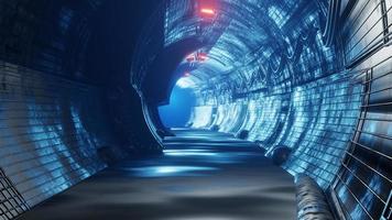 3D-rendering ondergrondse tunnel verlicht aan het einde. foto
