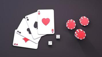 stapel pokerfiches en speelkaarten. casino-element. renderen in 3d. foto