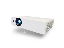 Perspectief van witte lcd-projector videopresentatie en home entertainment geïsoleerd op een witte achtergrond met uitknippad foto