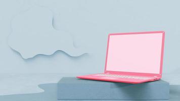 roze laptop in blauwe kamer met minimale decoratie. modelcomputer. foto