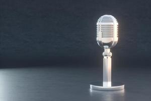 3D illustratie. zilver metalen microfoon met ronde voet. retro microfoon voor uitzending radio of concert. foto