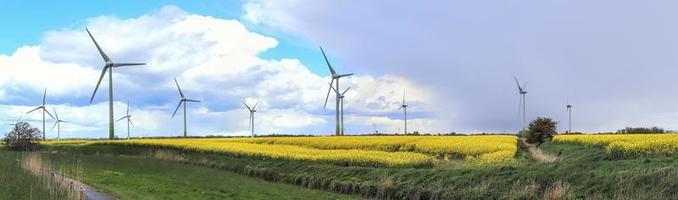 panoramisch zicht op alternatieve energie windmolens in een windpark in Noord-Europa foto