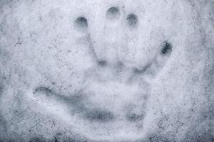 handafdruk in verse witte sneeuw tijdens de winter. foto