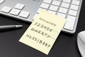 sterk en zwak eenvoudig wachtwoord geschreven op gele plaknotitie liggend op computertoetsenbord foto