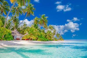 prachtig tropisch strand met wit zand, palmbomen, turquoise oceaan tegen blauwe lucht met wolken op zonnige zomerdag. perfecte landschapsachtergrond voor een ontspannen vakantie, eiland maldiven. foto