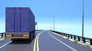 3D-rendering vrachtwagen rijdt op de brug en de hemelachtergrond, logistiek concept illustratie foto