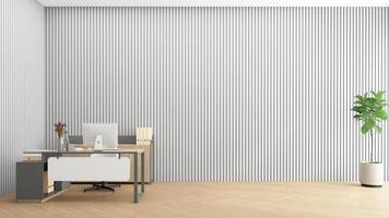 minimalistische lege ruimte met houten bureau, grijze muur en houten vloer. 3D-rendering foto