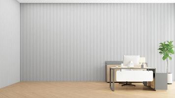 minimalistische lege ruimte met houten bureau, grijze muur en houten vloer. 3D-rendering foto