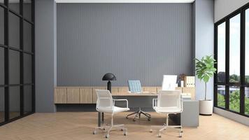 moderne managerkamer met bureau en computer, grijze lattenwand en ingebouwde houten kast. 3D-rendering