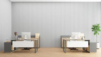 minimalistische kantoorruimte met houten bureau, grijze muur en houten vloer. 3D-rendering foto