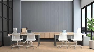 moderne kantoorruimte met bureau en computer, grijze lamellenwand en ingebouwde houten kast. 3D-rendering foto