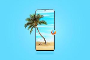 strand op een mobiele telefoon met een palmboom en een bal die uit het display komt. creatief technologieconcept met blauwe achtergrond foto